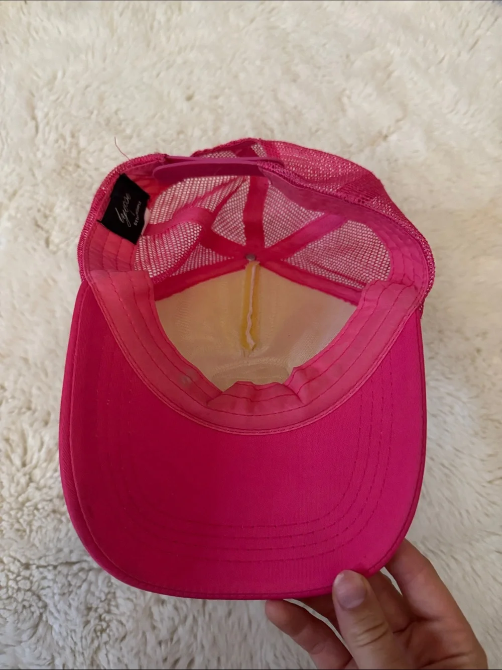 Amazon Hot Pink and White Smiley Trucker Hat with Gold Patch